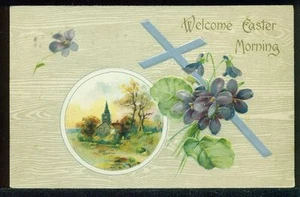 WELCOME EASTER MORNING Church Scene Silver Cross Violets Vintage Postcard - Picture 1 of 1