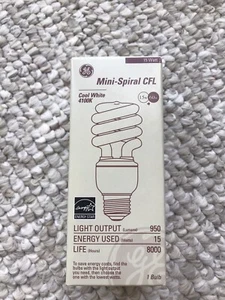 GE Mini Spiral Cfl Light Lamp Bulb Cool White 4100K 15 Watt 950 Lumen - Picture 1 of 3