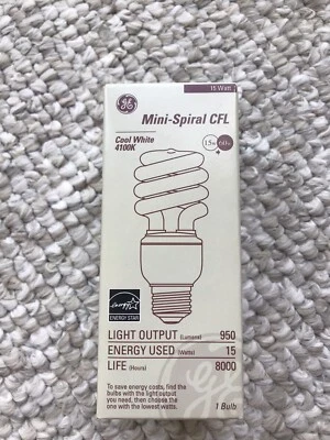 GE Mini Spiral Cfl Light Lamp Bulb Cool White 4100K 15 Watt 950 Lumen - Image 1 of 3