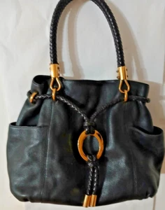 MICHAEL KORS BLACK LEATHER SHOULDER BAG Hobo Satchel Tote braid handle gold - Picture 1 of 9