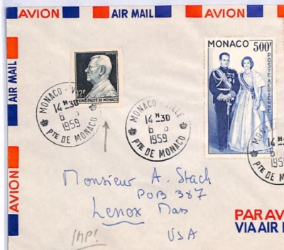 MONACO Cover 12Fr Slate *IMPERF* PRINCE LOUIS II Registered 1959 Air USA YQ190 - Imagem 1 de 4