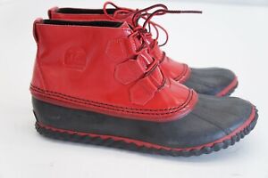Sorel Out N About Rain Boot Womens 10 US 41 EUR Black Red Patent Leather Lace Up