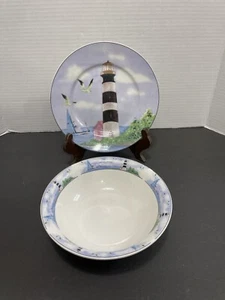 2 Pc Lighthouse Thomson Pottery Cereal Bowl And Desert Plate Nautical - Picture 1 of 9