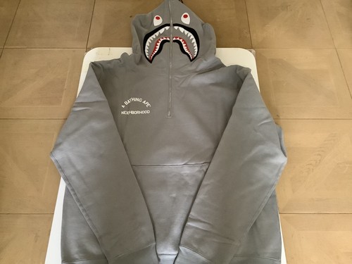 A BATHING APE (BAPE) Autentico maglione ape bape x NBHD 2 facce mezza zip felpa con cappuccio quartiere grigio L