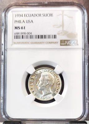 1934 ECUADOR SILVER 1 SUCRE ANTONIO JOSE DE SUCRE NGC MS 61 BRIGHT BEAUTY - Image 1 of 3