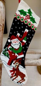 Vintage Needlepoint 19" Christmas Stocking Santa Claus and Reindeer 19" EUC - Picture 1 of 4