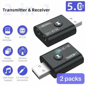 Bluetooth-5.0 2in1 Transmitter Receiver Car Wireless Audio Adapter USB 3.5mm Aux - Picture 1 of 15