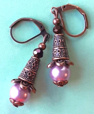 Pendiente LAVANDA CRISTAL PERLA COBRE PALANCA TRASERA artesanal XX Foto 1 de 4