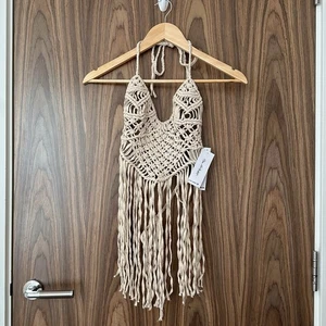 Miss Selfridge Cream Beige Crochet Fringe Tie Halter Neck Open Back Top M NEW - Picture 1 of 5