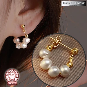 Pendientes de aro de perlas de agua dulce enchapados en oro base de cobre poste de plata de ley 925 - Imagen 1 de 11