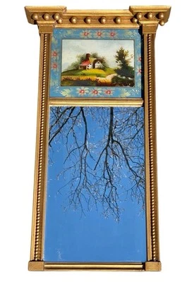 Espejo federal antiguo de oro del siglo XIX con panel pintado al revés Foto 1 de 4