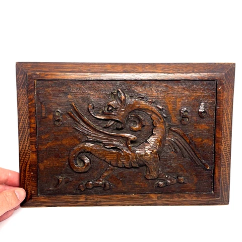 Mission Style Winged Dragon Hand Carved Quarter Sawn Oak 1896 Wood Plaque Cover