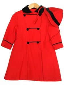 Vintage USA Freeway Fashions Girl's 5 Red Wool Velvet Double Breasted Jacket Hat - Picture 1 of 11