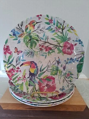CYNTHIA ROWLEY Tropical Floral Bird Melamine 1 1" Dinner Plates Set of 4 - Image 1 of 4