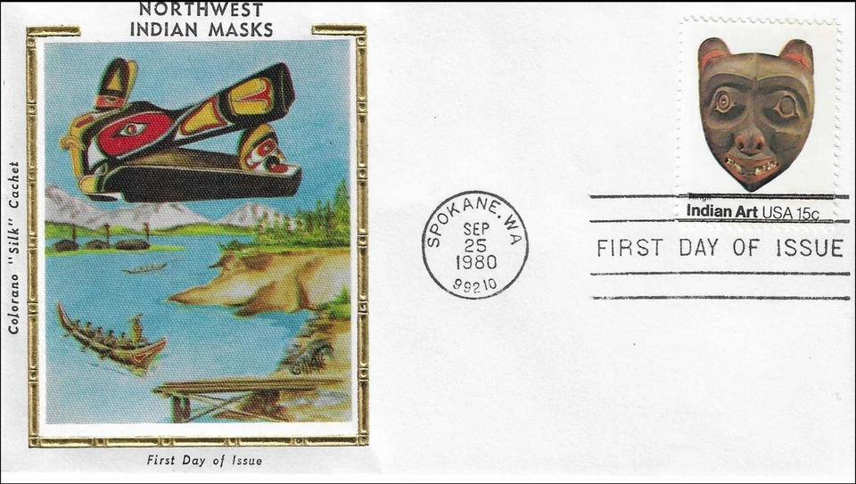 Tlingit Northwest Indian Art Mask Gold USA Colorano Silk FDC 1980 - Image 1 of 1