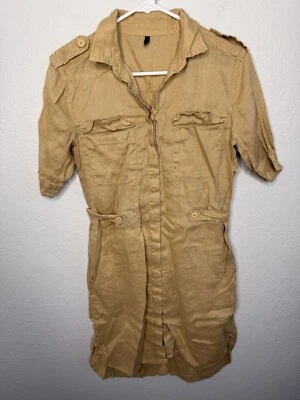 Vestido Camisa Stile Benetton Talla Pequeña 100% Lino Beige Bolsillos Abotonados Costero Foto 1 de 4