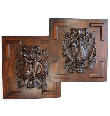 Antique Black Forest Carved Wood Panels PAIR Animal Plaques Hunting Game Trophy - Image 1 of 4