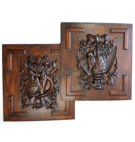 Antique Black Forest Carved Wood Panels PAIR Animal Plaques Hunting Game Trophy Cover