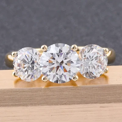 4.10 TCW Round Cut Moissanite Three Stone Engagement Ring 14k Yellow Gold Plated - Image 1 of 4