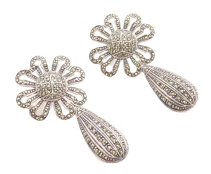 925 Sterling Silver Vintage Earrings Designer Flower Cut Marcasite Inlay EG13295 - Picture 1 of 9
