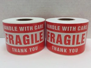 1000x Handle with Care Thank You Fragile Shipping Labels, Large 3" x 5", 2/ROLLS - Picture 1 of 3