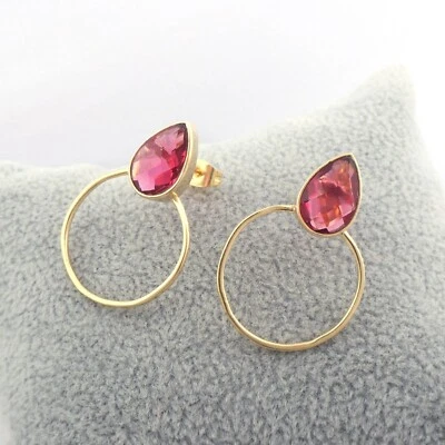 Aretes de cuarzo rubí rojo chapados en oro amarillo piedras preciosas joyería 1,22" para regalo Foto 1 de 4