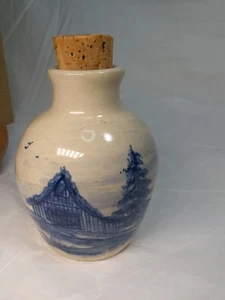 Paul Storie Pottery ~ Vase Jug Jar 4.5" Tall ~Country Scene Blue Barn Tree Birds - Picture 1 of 8