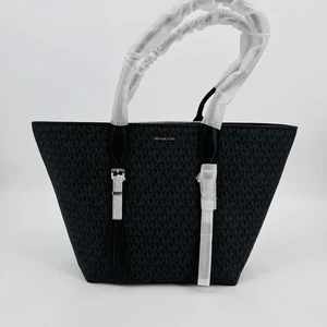 Michael Kors Moore Large Buckle Tote Black Logo Canvas Silver Hardware - Picture 1 of 20
