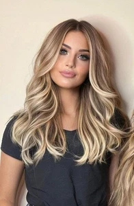 Pelucas delanteras de encaje 100 % cabello humano con reflejos rubio miel cálido Balayage - Imagen 1 de 4