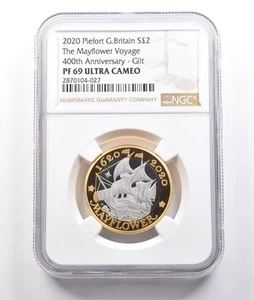 2020 Piefort Great Britain 2 Pounds Gilt Mayflower Voyage 400th PF69 NGC *3791 - Picture 1 of 3