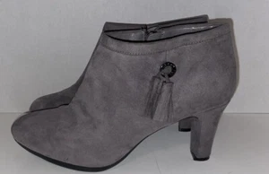 Anne Klein AKSilva Gray Suede Ankle Booties Size 8M Zip Tassel Heels Shoes - Picture 1 of 7