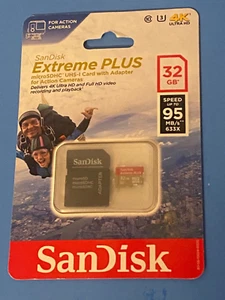 SanDisk Micro 32GB SD Extreme Plus SDHC 95MB/s 633x UHS-I with adapter FREE SHIP - Picture 1 of 3