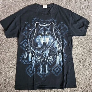 Y2K Wolf and Native American Dreamcatcher Size Medium Black Short Sleeve Shirt - Picture 1 of 7