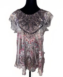 Whimsical Fairy L Top Y2K Boho Embroidered Studded Multi Blouse Ruffle Cottage - Picture 1 of 10