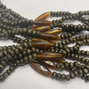 Womens Necklace Tiny Wood Beads Metal Beads Amber 6 Strands Fashion Jewelry 24” - Picture 1 of 15