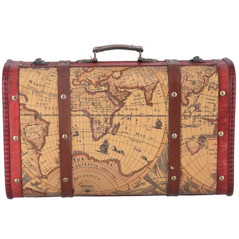 Wood Treasure Chest Vintage Suitcase Portable Composite Wood Map Pattern Cover