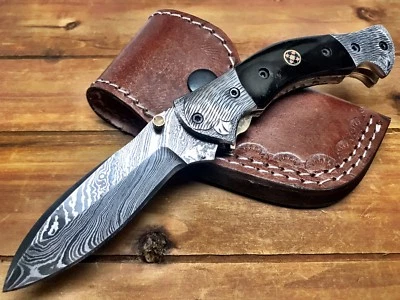 7.75" Bull Horn Folding Pocket knife Hunting 100% Handmade Damascus Steel sheath - Image 1 of 4