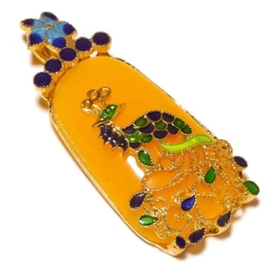 Natural Yellow Agate Gemstone Handmade Engraved Cloisonne Peacock Inlay Pendant - Picture 1 of 3