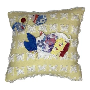 NEW  Handmade Pig And Hearts Pillow  Yellow & White Chenille Bedspread Pillow - Picture 1 of 8