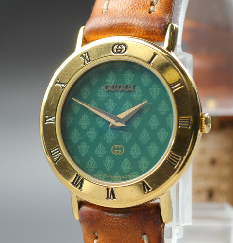 Raro Orologio Donna Ecc+5 Vintage GUCCI 3000L Quadrante Verde Quarzo Placcato Oro GIAPPONE