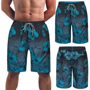 Mens Quick Dry Swim Trunks Holiday Blue Flower Beach Shorts with Mesh Lining - Picture 1 of 18