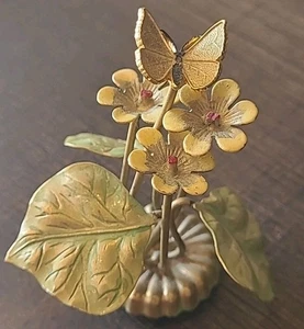 Vintage MCM Decorative Art Brass Painted Enamel Butterfly & Flowers - Picture 1 of 10