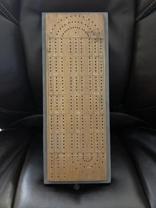 Vintage Handmade Lrg Wooden 3 Track Cribbage Board Unique on black slab no pegs - Picture 1 of 3