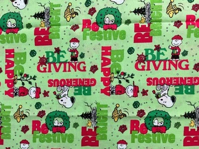 Peanuts Christmas Greetings Charlie Brown Snoopy Cotton Fabric Green - Image 1 of 4