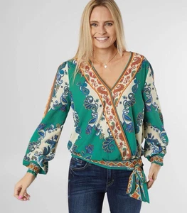 Flying Tomato Sz Small Floral Paisley Wrap Front Boho Top Long Sleeves - Picture 1 of 9