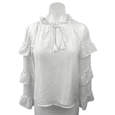Blusa Top BB Dakota Blanca Chifón Volantes Borlas Cuello en V Mangas Largas Talla XS Foto 1 de 4