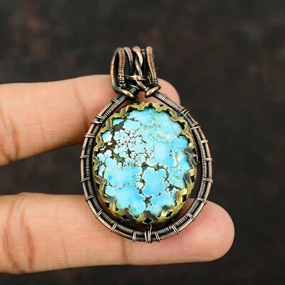 Tibetan Turquoise Jewelry Copper Valentine Gift Wire Wrapped Pendant 2.36" - Image 1 of 4