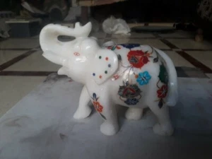 6" White Marble wild Elephant Malachite Inlay Stone home Decor room o17 - Bild 1 von 4
