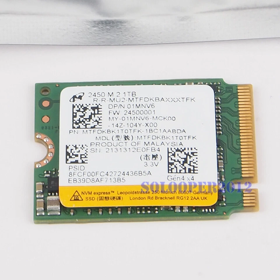 NEW Micron 2450 M.2 2230 SSD 1TB NVMe PCIe 4.0 For Microsoft Surface Pro X Pro 8 - Image 1 of 1