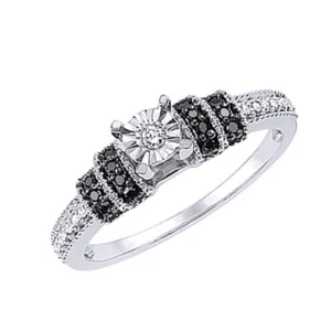 1/8 Ct Black & White Natural Diamond Promise Ring Sterling Silver 925 - Picture 1 of 6